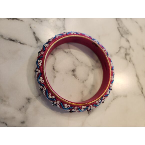 Vintage Pink & Blue Beaded Bangle With Intricate White Design - Picture 1 of 3